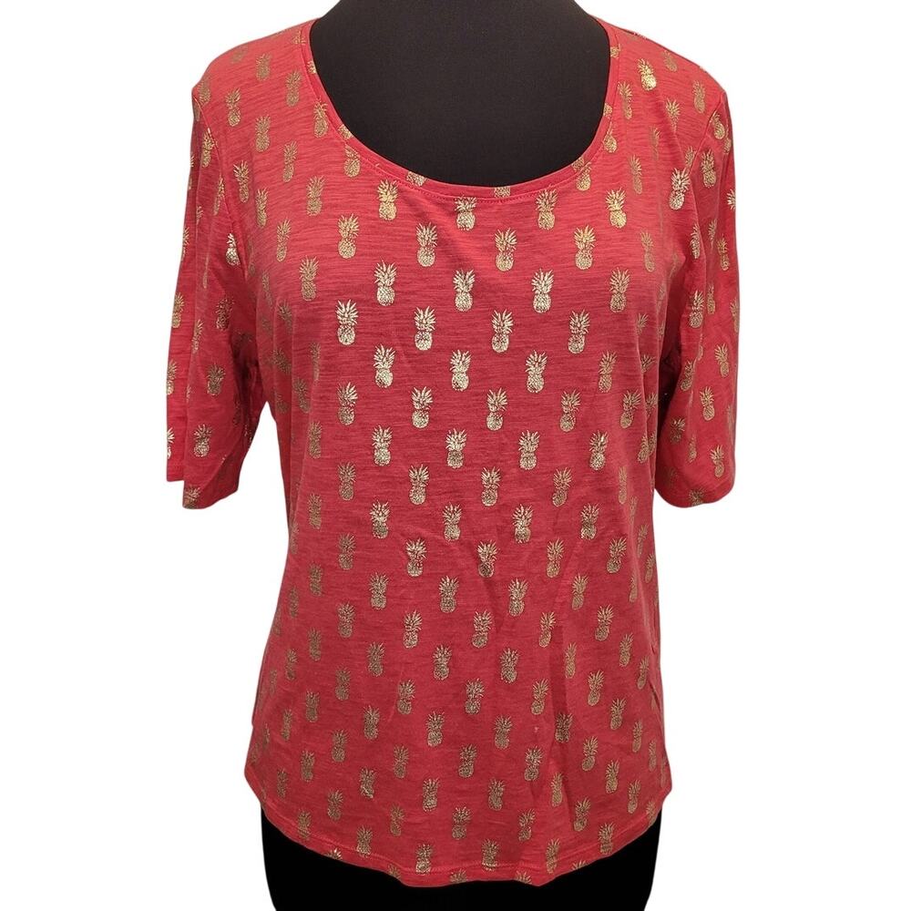 Chico’s Pineapple Malibu Tee Pink Metallic Print L